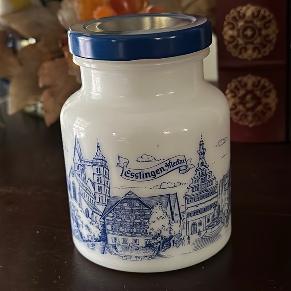Kitchen Vintage German Blue White Milk Glass Hengstenberg Mustard Jar Munchen With Lid Poshmark